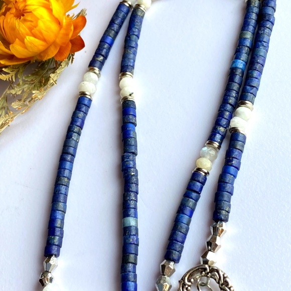 Genuine Lapis Lazuli with Moonstone Gemstone Necklace - Picture 3 of 7